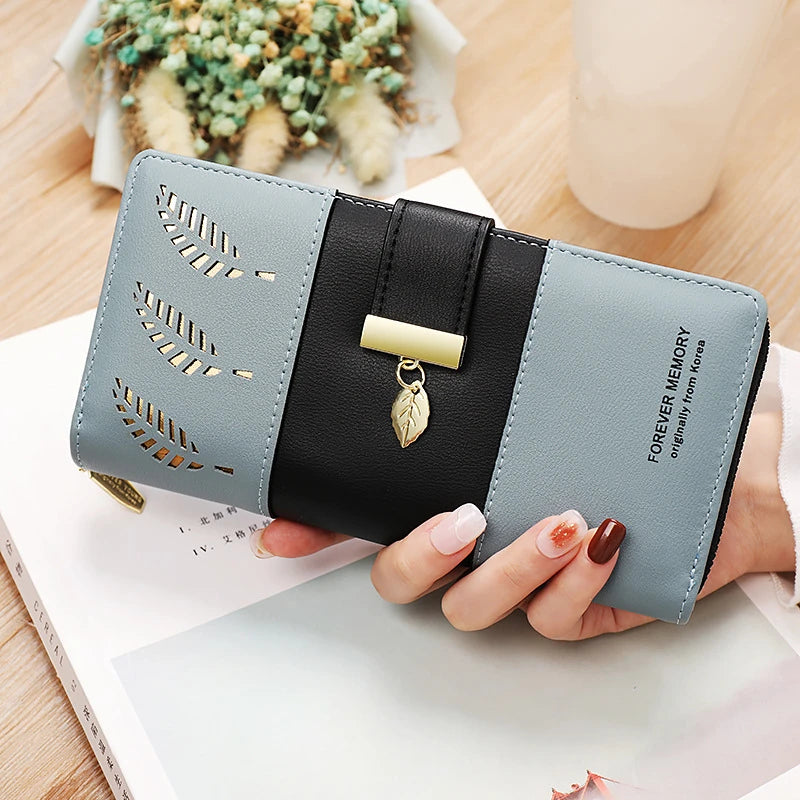 Hollow Leaves PU Leather Women's Long Wallet Fashion Female Coin Purses Hasp Zipper Clutch ID Credit Card Holders Money Bag Clip