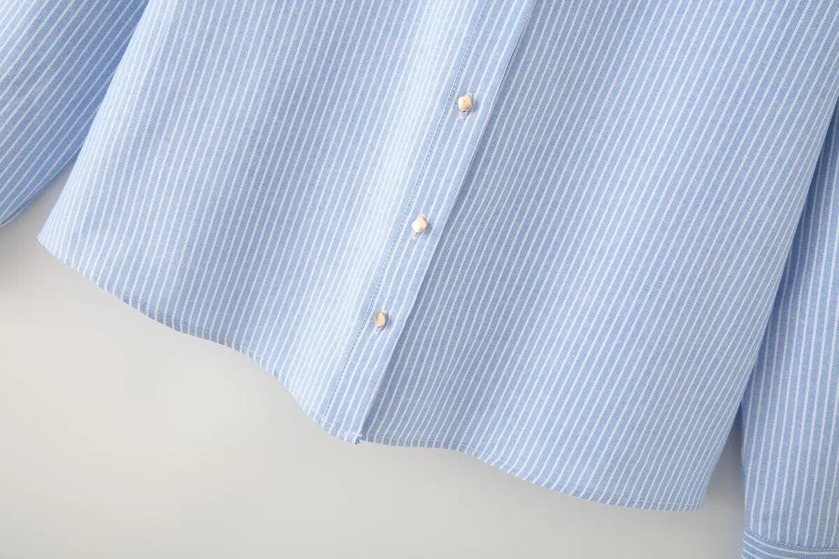 KAR&OT ZA Women's Clothing 2025 Summer New European and American Blue Striped Long-sleeved Lapel Short Shirt 2886909.