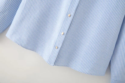 KAR&OT ZA Women's Clothing 2025 Summer New European and American Blue Striped Long-sleeved Lapel Short Shirt 2886909.