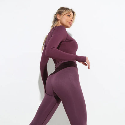 High Waist Elastic Seamless Yoga Wear Women Fitness Clothes Gym Clothing Workout Set Long Sleeve Crop Top Leggings Sports Suit.