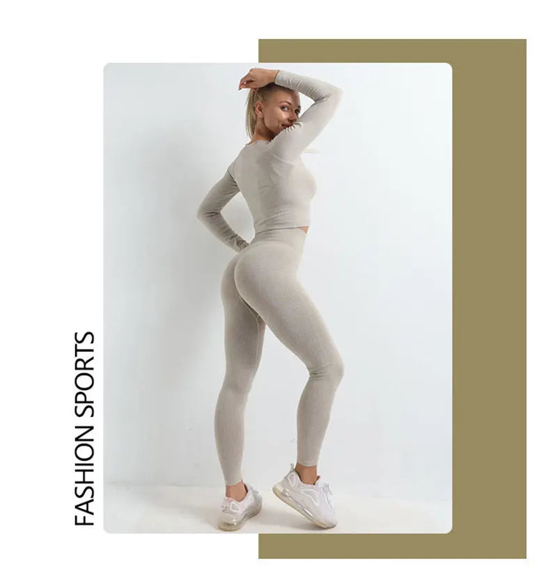 Women Seamless Fitness Yoga Suit Knitt Workout Long Sleeve Crop Top Sports Bra High Waist Running Leggings Gym Clothing 2/3Pcs.