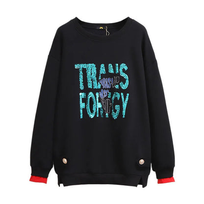 150 kg Übergröße Damen Büste 157 Winter Fleece Lose Pailletten Brief Sweatshirts Rundhals Pullover Top 5XL 6XL 7XL 8XL 9XL