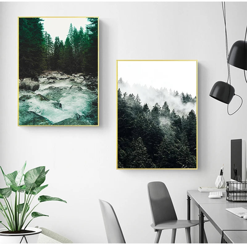 Mountain Wall Posters Fog Forest Canvas Painting Natural Landscape Poster Nordic Wall Pictures For Living Room Home Decoration.