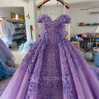 Purple Organza Girls Evening Dress Ball Gown Style Lace Crystal Embroidery Decorations Chapel Train for Parties Lsany24