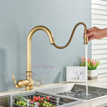 Antique Brass Kitchen Sink Faucet Pull Down Swivel Spout Kitchen Deck Mounted Bathroom Hot and Cold Water Mixers Tap