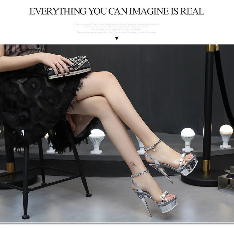 Sexy High Heels For Ladies Modern Sandals Electroplated Heel Women Shoes 2023 New Clear Peep Toe DRESS Crystal Shoes Size 43.