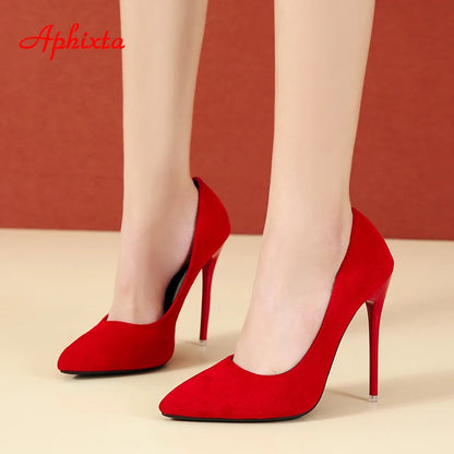 Aphixta 12cm Super High Stiletto Heels Pumps Women Office Flock Pointed Toe Thin Heel Party Shoes Woman Plus Large Size 44 45