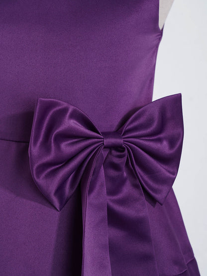 Mädchen Sommer ärmelloses Prinzessinnenkleid Elegantes Satin Hochzeit Brautjungfer Partykleid Große Schleife A-Linie Tutu für Geburtstagsabend
