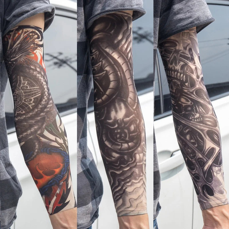3PCS/lot new mixed 100%Nylon elastic Fake temporary tattoo sleeve skull wolf totem dragon designs body Arm stockings cool men.
