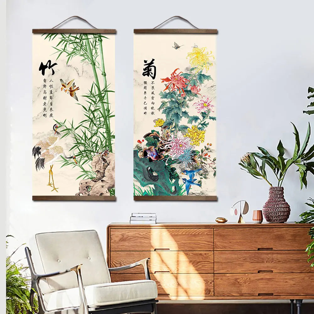 chinese style flower Green plants canvas decorative painting Store bedroom living room wall art solid wood scroll paintings.