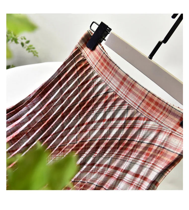 Looks Thin Pleated Skirt 2025 New High Waist A-line Skirt Mid-length Big Size Plaid Skirt Long Pleated Skirt Length 75-90cm