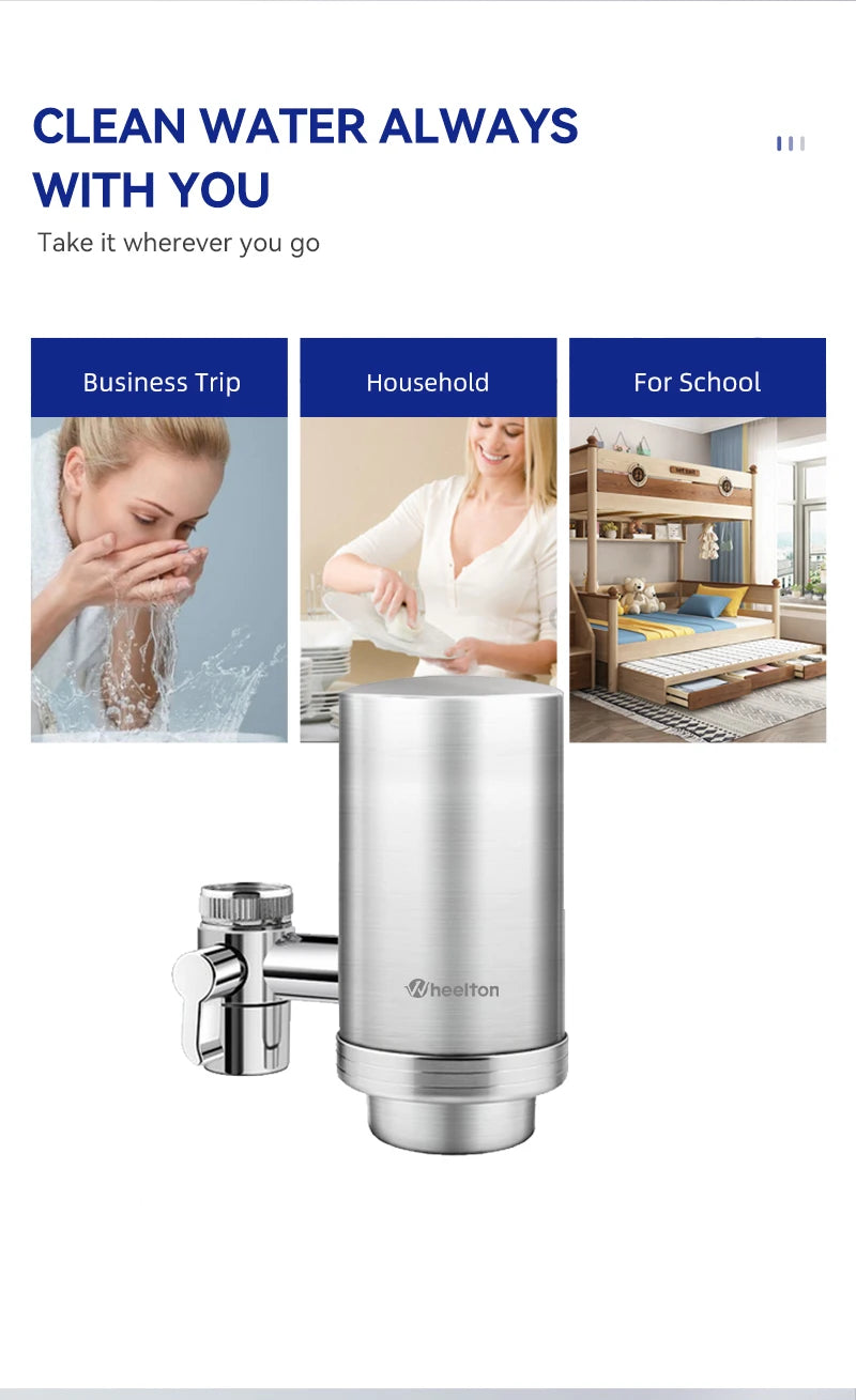 Wheelton Stainless Steel Kitchen Tap Filter Household Ceramic Water Purifier Faucet Water Filter  Activated Carbon Filtration.