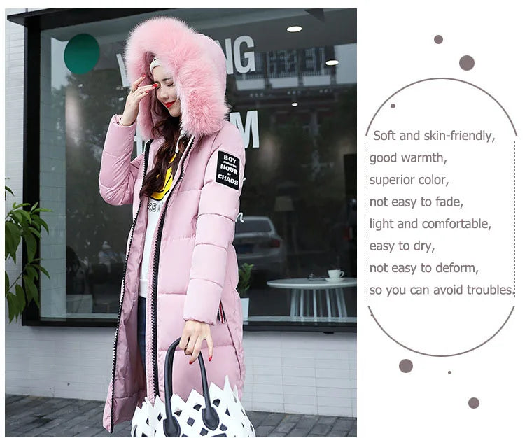 2025, Damen-Daunenparkas, Winterjacke, großer Pelzkragen, dicker, schlanker Mantel, modische Kapuze, Baumwolle, Oberbekleidung, langer Wintermantel für Damen