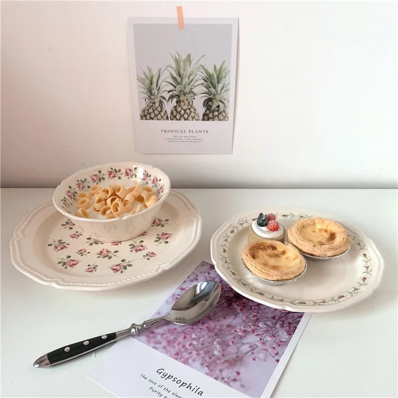 Ceramic Plate French Style Retro Floral Reliefs Food Plate Yogurt Salad Bowl Dessert Plate Dish Dinner Wedding Set Dinner Plates.