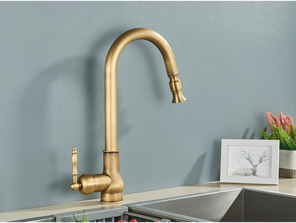 POIQIHY Antique Brass Kitchen Faucet Pull Out Bathroom Kitchen Mixers Single Handle Pull Down Cold Hot Water Tap Deck Mounted