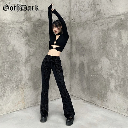Goth Dark Vintage Floral Scratched Mall Gothic Pants Velvet High Waist Skinny Flare Trousers for Women Streetwear Cyber Y2K Pant