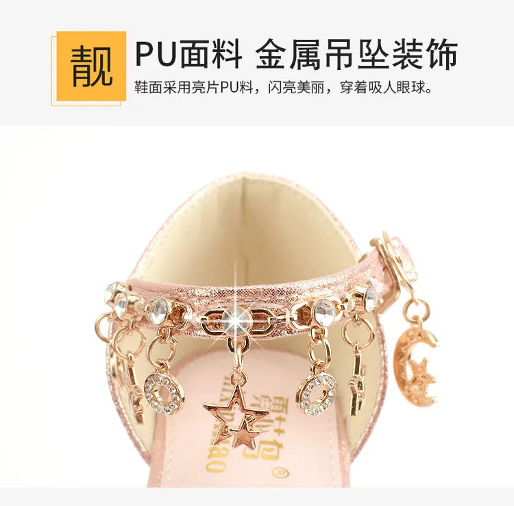 Girls Sandals Children Crystal Shoes 2023 Summer Kids Glitter Shoes High Heels Sequined Rhinestone Pendants Open Toes Princess.