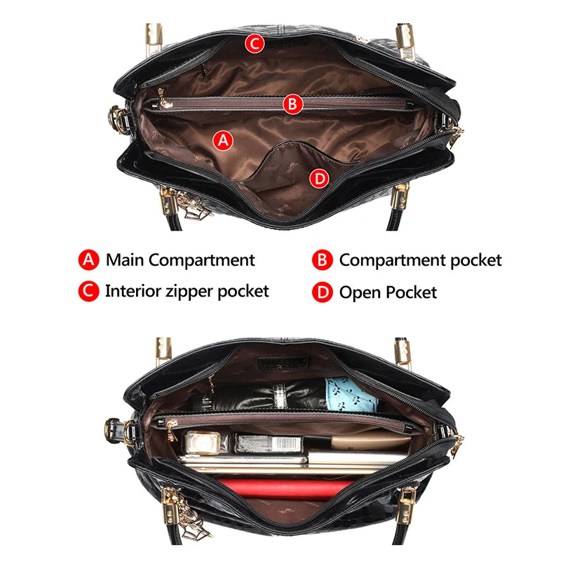 FOXER Women Natural Cow Leather Handbag Large Capacity Classic Black Genuine Leather Tote Lady Stylish Sequin Shoulder Bag.