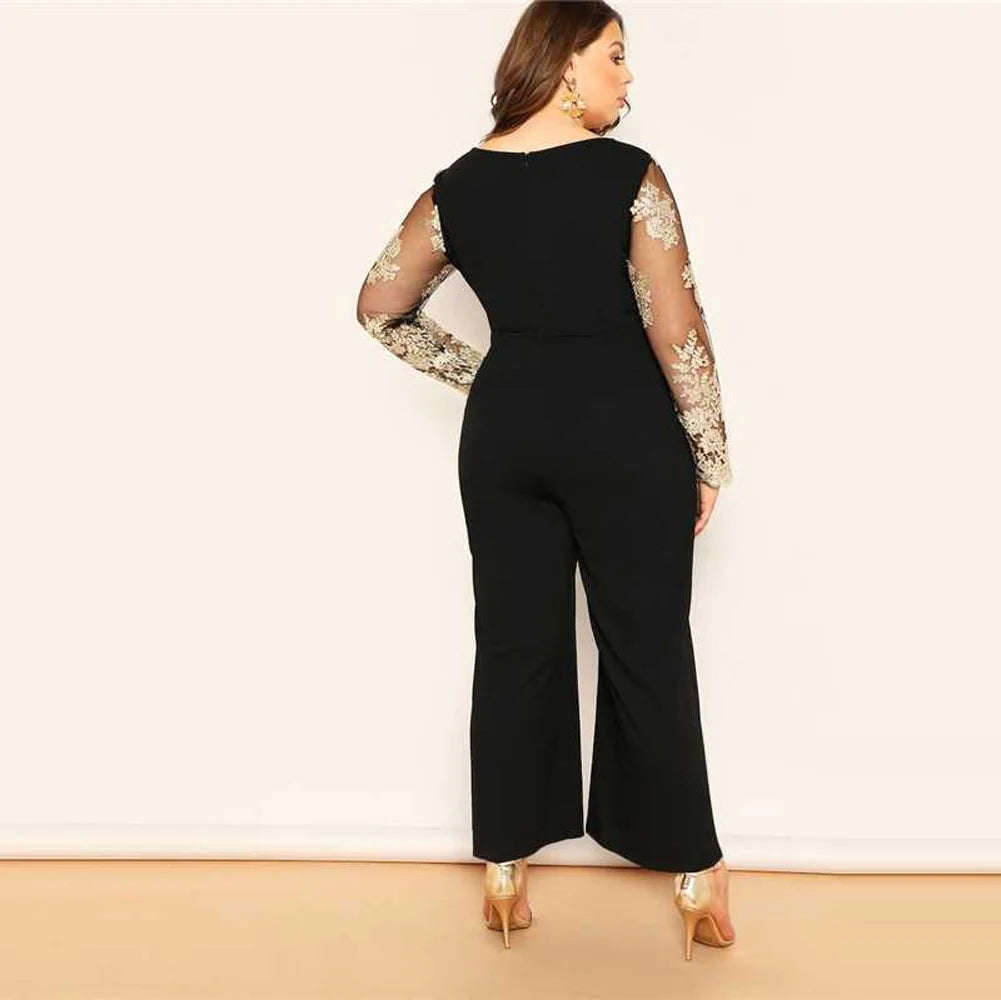 Wide Leg Casual Overalls Sexy Women V-Neck Elegant Lace Straight Party Jumpsuit Romper.
