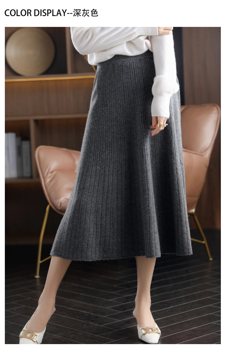 2025 Autumn New High-Waist 100%Pure Wool Pleated Long Skirt Women's Knit Base Skirt Fashion Pack Hip A-Line Cashmere Large Skirt.