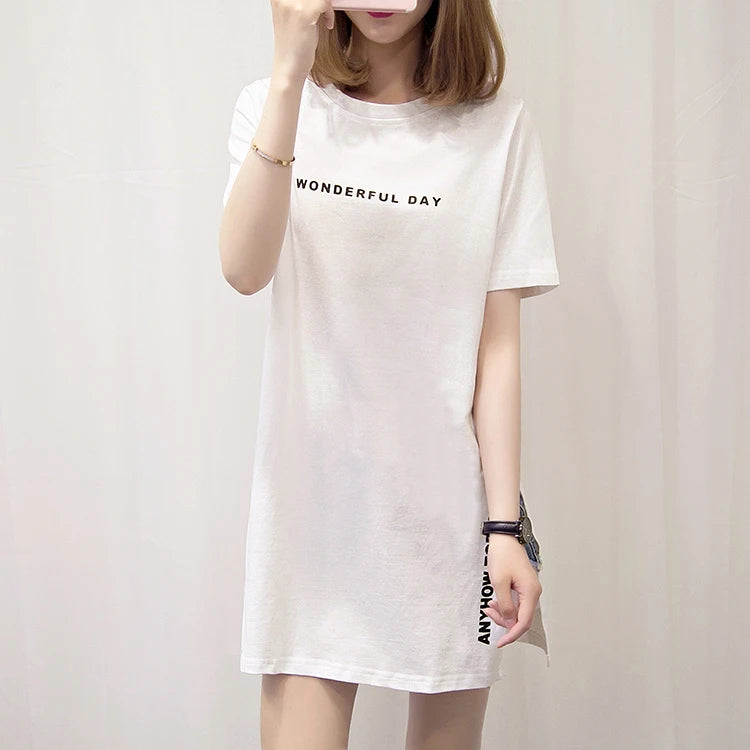 WONDERFUL DAY Print Long T shirts Summer Women Loose Slit Femme Tops  Tshirt Short sleeve Ladies t-shirt.