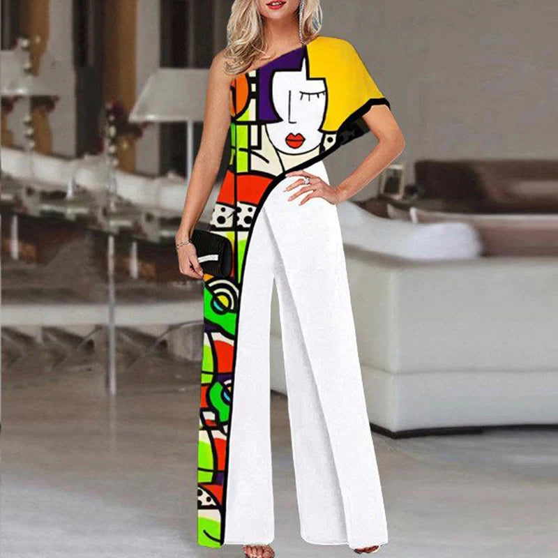 Colorful Ladies Face Print Slim Jumpsuits Summer Off Shoulder Diagonal Collar Sexy Rompers Women Loose Straight Wide Leg Pants.