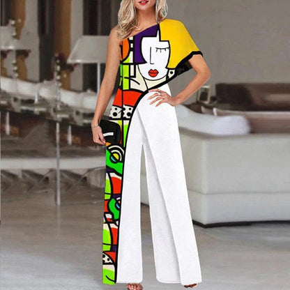 Colorful Ladies Face Print Slim Jumpsuits Summer Off Shoulder Diagonal Collar Sexy Rompers Women Loose Straight Wide Leg Pants.