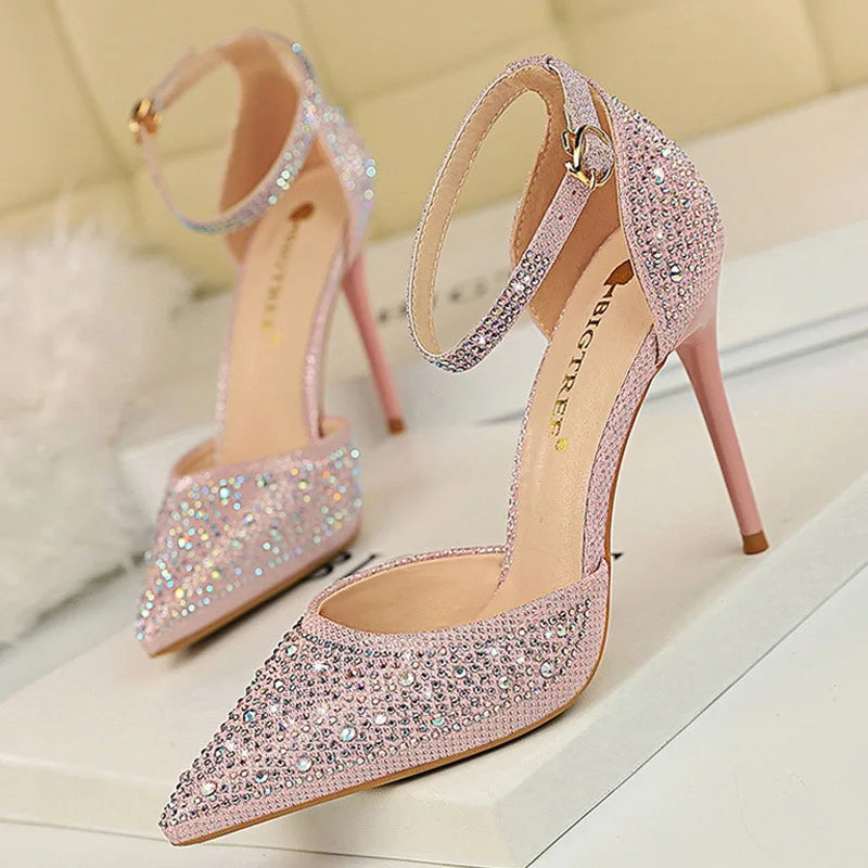 BIGTREE Shoes Shiny Rhinestones High Heels Ladies Shoes Women Pumps Stiletto Sweet Women Heels Wedding Shoes Women Sandals 10 Cm.