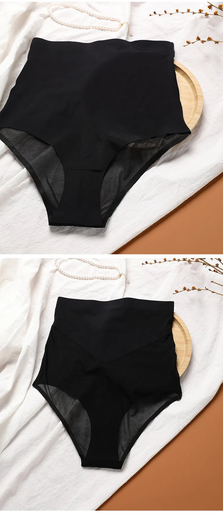 European American Plus Size Women's High Waist Ice Silk Trousers Firm Nylon Briefs Traceless Lace Stitching Thin Body Shaping.