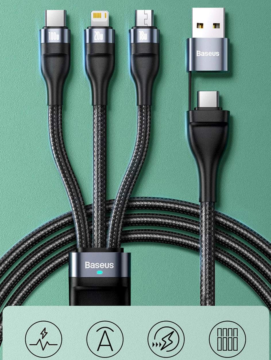 Baseus 3 in 1 USB Type C Cable for iPhone 15 14 13 12 Pro Charger Cable 100W Micro USB Type C Cable for Macbook Samsung Xiaomi.