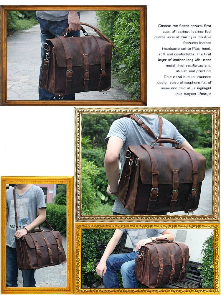 Vintage Crazy Horse Echtes Leder Männer Aktentasche Business Tasche Große Leder Aktentasche Männlichen 15.6 "Laptop Fall Schulter Tasche büro.