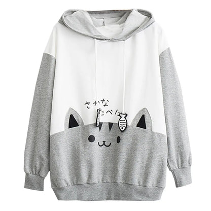 Spring Ladies Long Sleeve Cat Sweatshirt Womens Casual Kitty Cat Print Pocket Thin Hoodie Blouse Top Shirt худи женское платье.