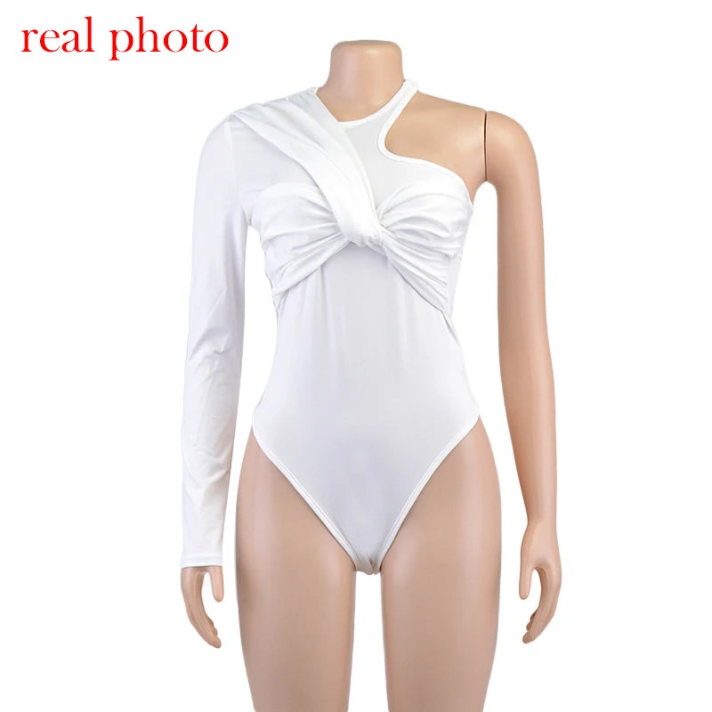 Cryptographic One Shoulder Sexy Backless Twist Bodysuits Women Long Sleeve Top Slim High Waist Bodysuit Club Party Streetwear.
