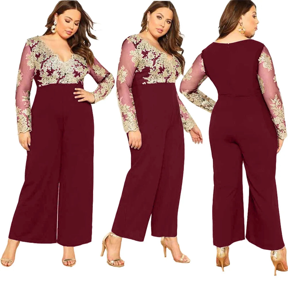 Wide Leg Casual Overalls Sexy Women V-Neck Elegant Lace Straight Party Jumpsuit Romper.