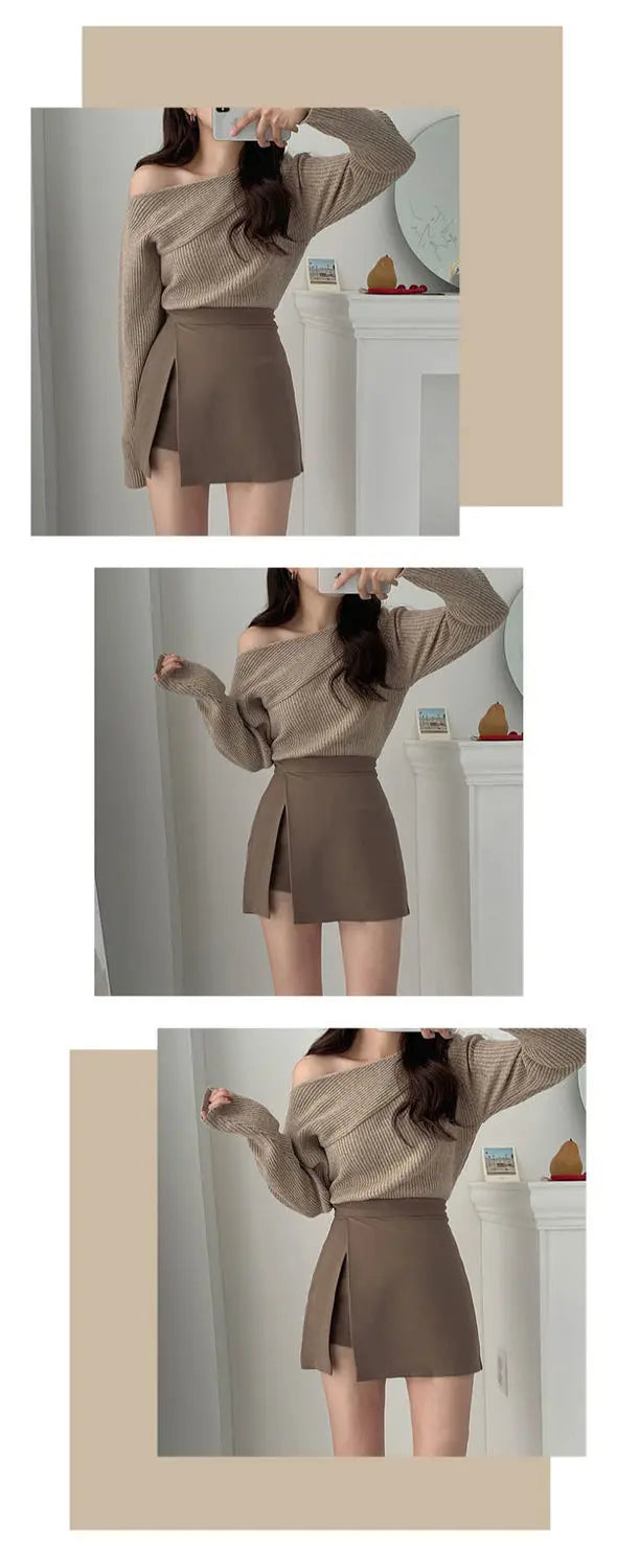 Mini Skirts Women Irregular Solid Side-slit Stretchy Korean Style Trendy Chic OL High Waist Female Bottom Popular Spring Autumn.
