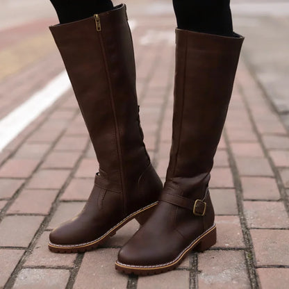Women Knee High Boots Fashion Low Heels Square Platform Long Boots Brown Black Leather Zip Winter Women Warm Shoes Booties 69m.