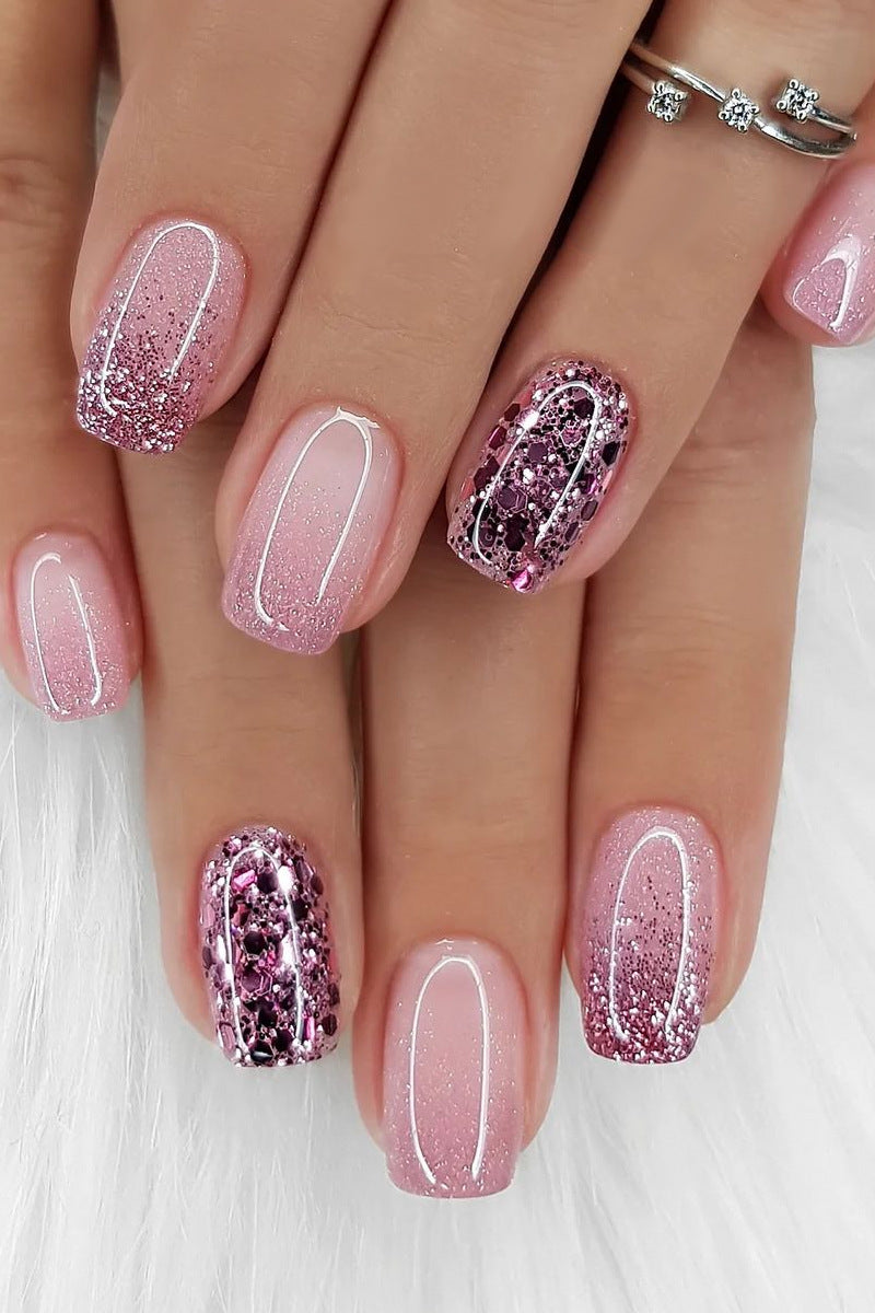 24Pcs Medium Short Square False Nails Glittering Nail Art White Wearable Fake Nail Silver French Full Cover Press on Nail Tips.