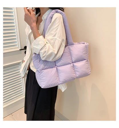 Women Tote Handbags Quilted Plaid Bag Retro Trendy Checkered Waterproof Shoulder Bag Solid Color Winter Soft Large Capacity Bags.