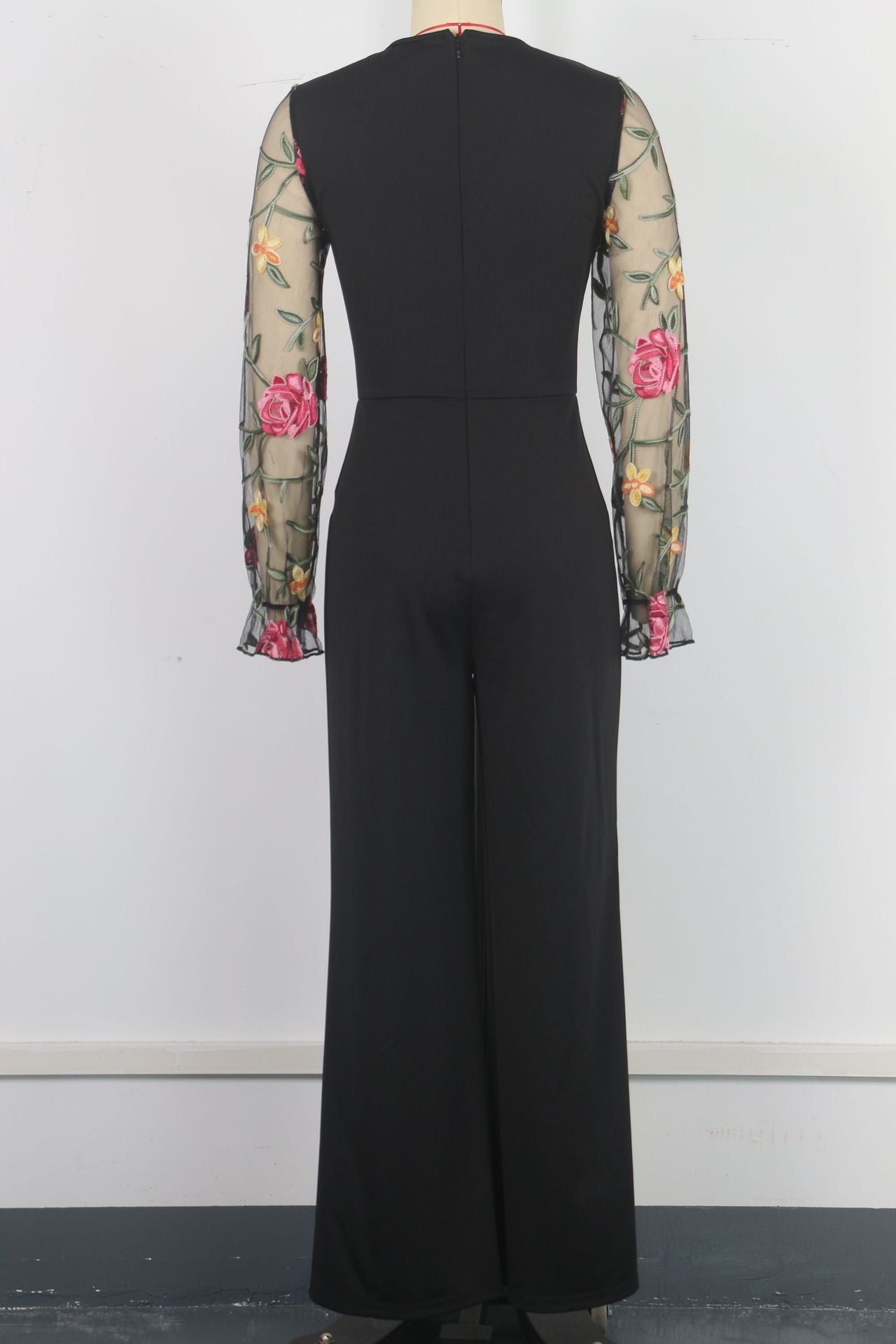 Spring Embroidery Floral jumpsuit Women Mesh long sleeve patchwork one piece set Elegant slim high waist wide leg Romper.