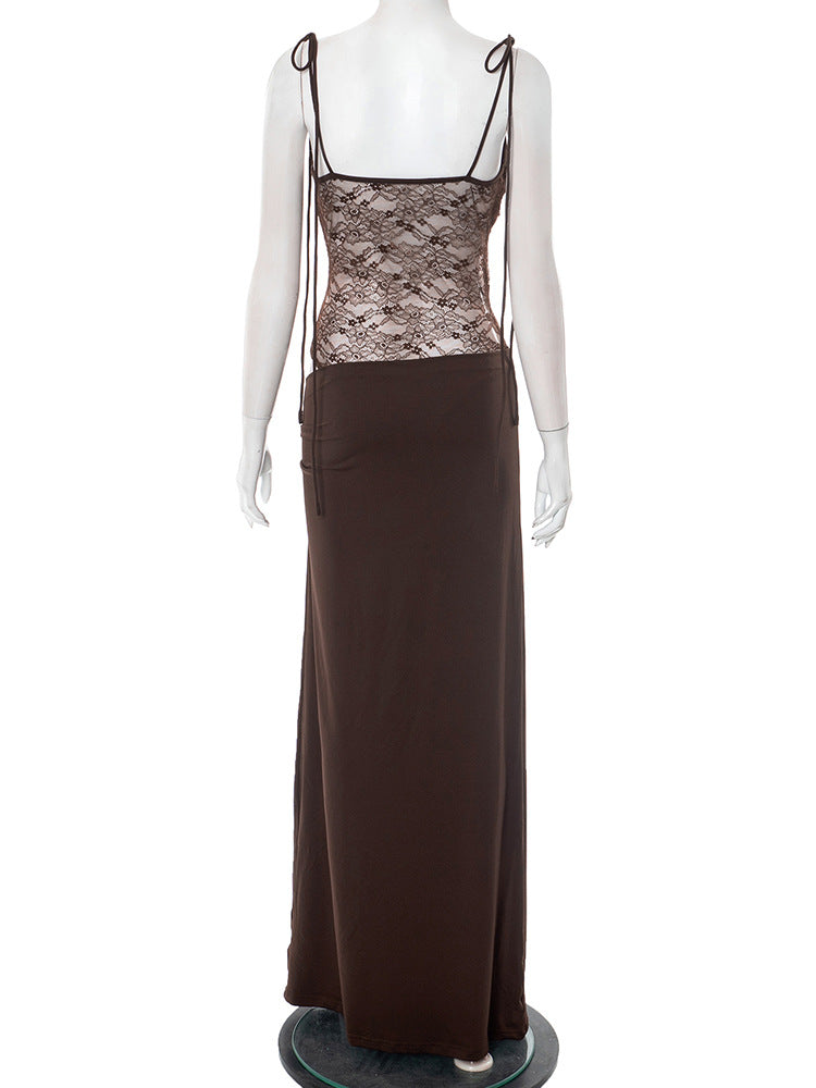 Elegante Spitzen-Maxikleider für Frauen 2022, sexy Spaghettiträger, Patchwork, Feiertage, Partykleid, Sommer, rückenfrei, langes Kleid