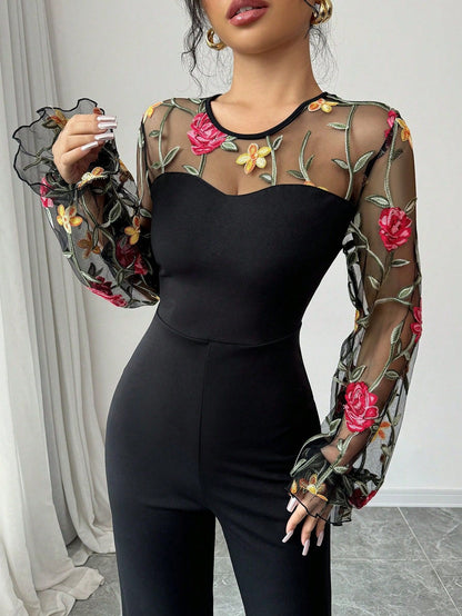 Spring Embroidery Floral jumpsuit Women Mesh long sleeve patchwork one piece set Elegant slim high waist wide leg Romper.