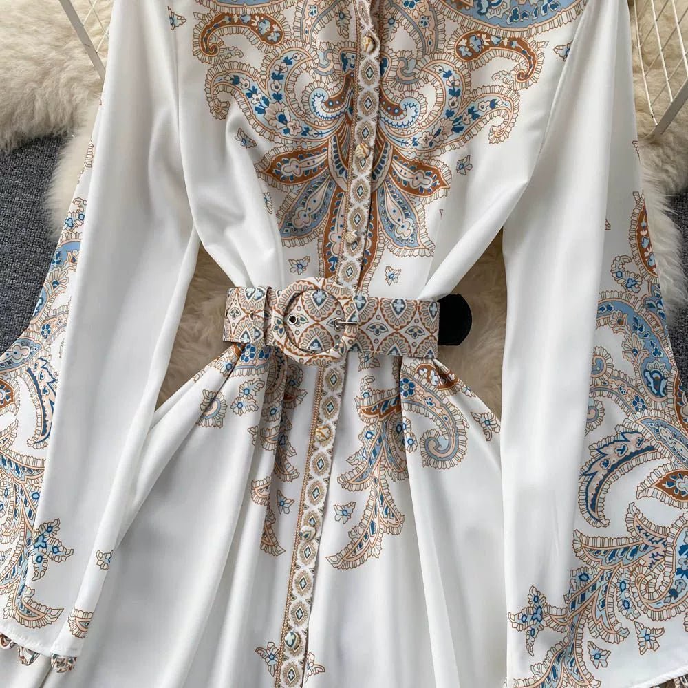 Fall Vintage Stand Collar Casual Midi Dress For Women Flare Sleeve Empire Printed Lace Dress.