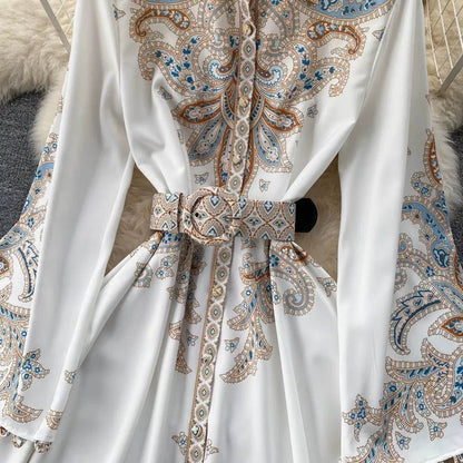 Fall Vintage Stand Collar Casual Midi Dress For Women Flare Sleeve Empire Printed Lace Dress.