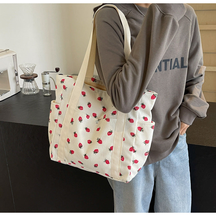 Strawberries Corduroy Handbag Sweet Women's Bag Fashionable Versatile Shoulder Bag Beautiful Simple Commuter Women's Tote Bags.