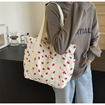 Strawberries Corduroy Handbag Sweet Women's Bag Fashionable Versatile Shoulder Bag Beautiful Simple Commuter Women's Tote Bags.
