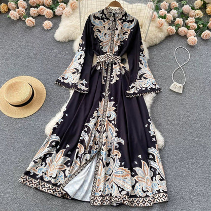 Fall Vintage Stand Collar Casual Midi Dress For Women Flare Sleeve Empire Printed Lace Dress.