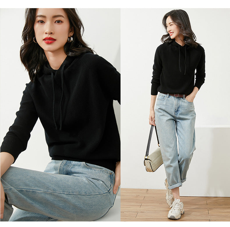 Women's Autumn and Winter New Casual Hoodies Sport Loose Hooded Knitted Hoodie Pullover Sweater