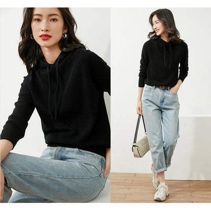 Women's Autumn and Winter New Casual Hoodies Sport Loose Hooded Knitted Hoodie Pullover Sweater