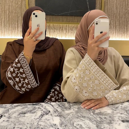 Floral Stickerei Muslimischen Abaya für Frauen Eid Kleid Marokko Ramadan Spitze-up Abayas Kaftan Islam Vestidos Dubai Arabischen Lange robe.