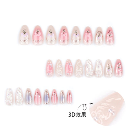 24Pcs Pink Almond False Nails Butterfly Ballet with French Design Wearable Fake Nails Simple Artificial Press on Nails Tips Art.